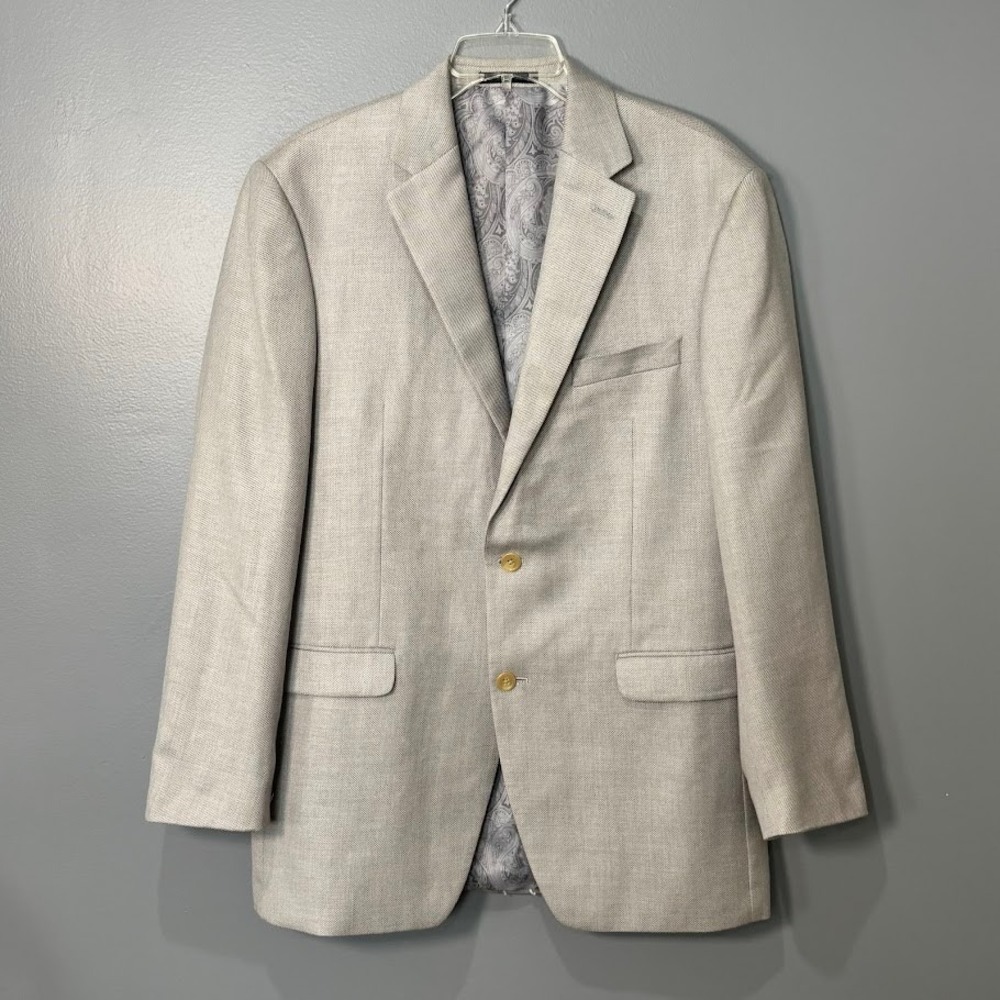 Chaps Blazer Men 42L Tan Linen Blend Sport Coat Classic Two Button Formal Preppy
